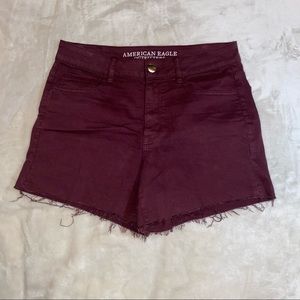american eagle denim x hi-rise burgundy shortie shorts